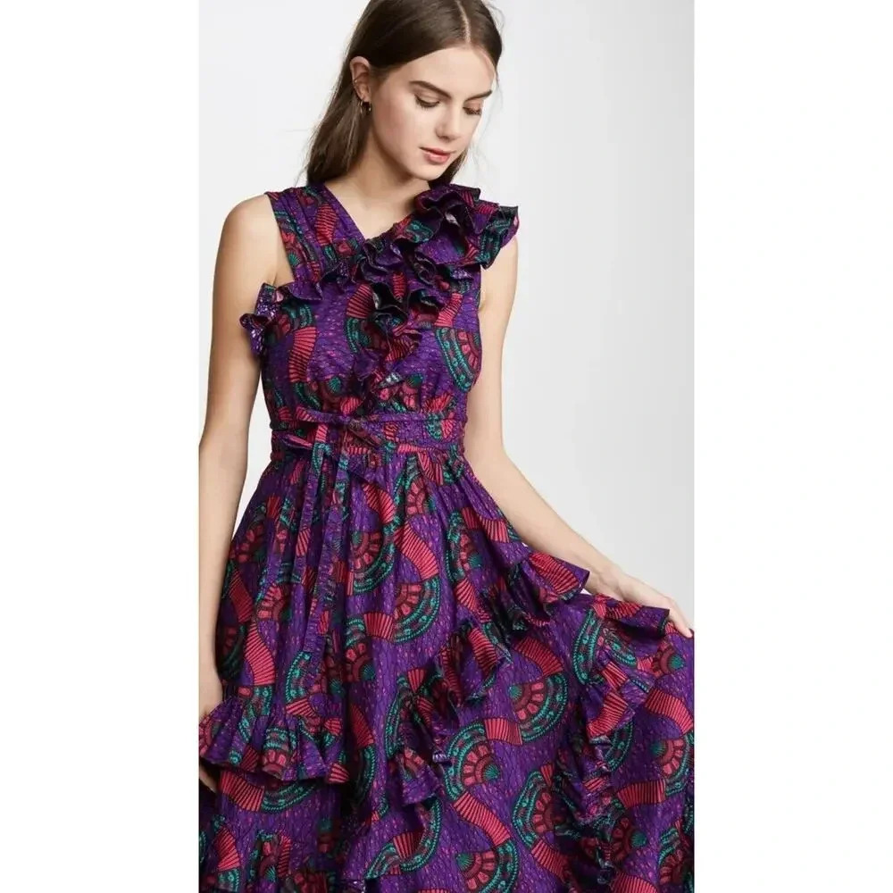 NWT Ulla Johnson IMOGEN Purple Print Ruffle Asymmetrical Midi Dress Size… - Picture 6 of 16